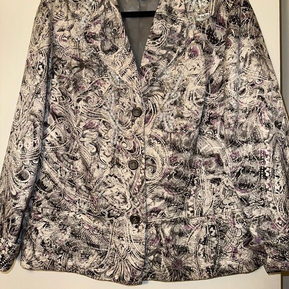 Chicos XL (Sz 3) Silk Blend Blazer Jacket White Black Purple Abstract Womens EUC - Picture 2 of 12